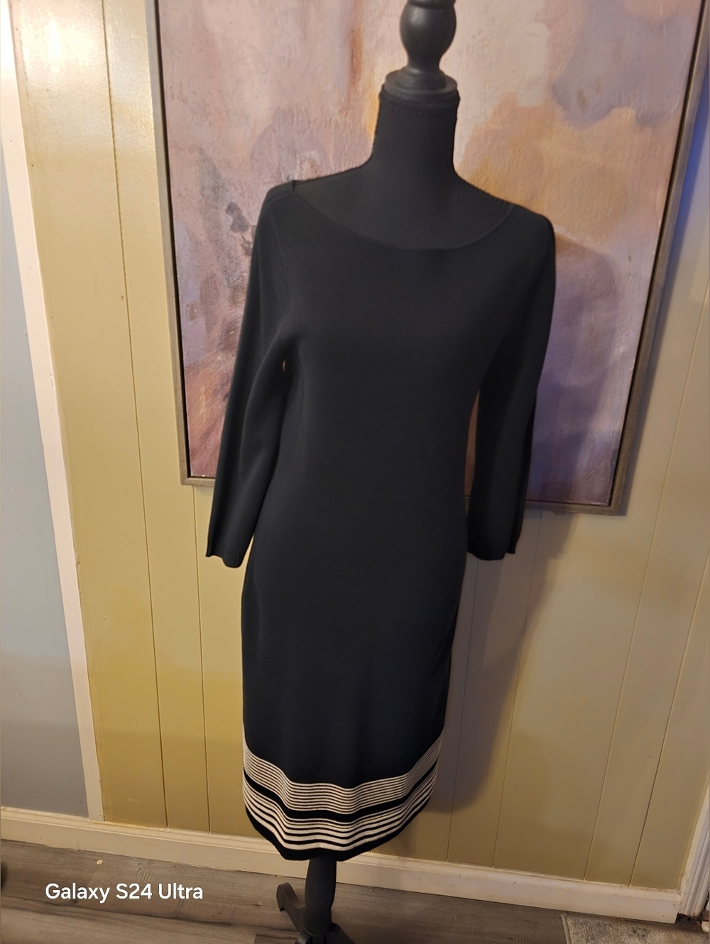 Ralph Lauren Black Boatneck Long Sleeve Knit Dress with Cream Striped Hem